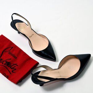 Christian Louboutin Sharka Slingback Kitten Heels Black Kid Leather EU 40 US 9